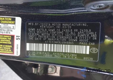 2020 Toyota Camry Le from USA, damaged, VIN 4T1C11AK9LU946865